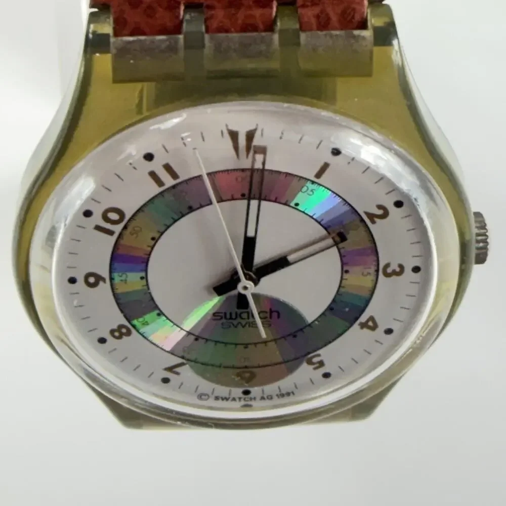 Vintage Swatch Mens Watch Orly GM110 34mm White Dial Brown Leather Strap Swiss
